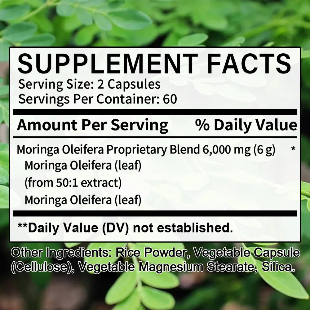 Natural Moringa Capsules, Rich in Vitamins, Minerals and Antioxidants, Support Heart and Brain Health, Balance Energy Levels